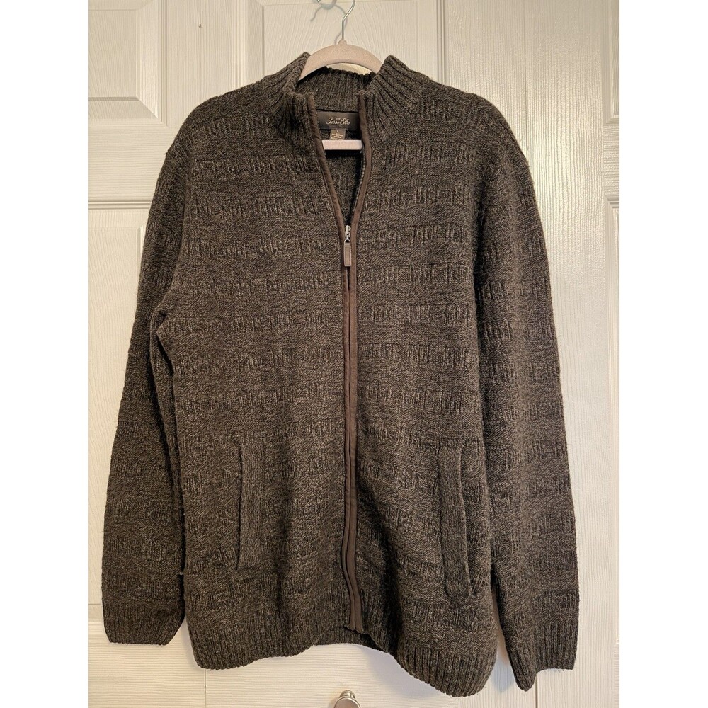 Tasso Elba Men’s L Lambswool Full Zip Sweater Cardigan Elbow Patch Brown